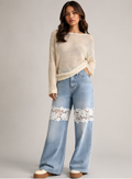 Light Wash Lace Insert Wide Leg Jeans