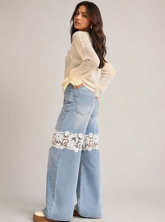 Light Wash Lace Insert Wide Leg Jeans