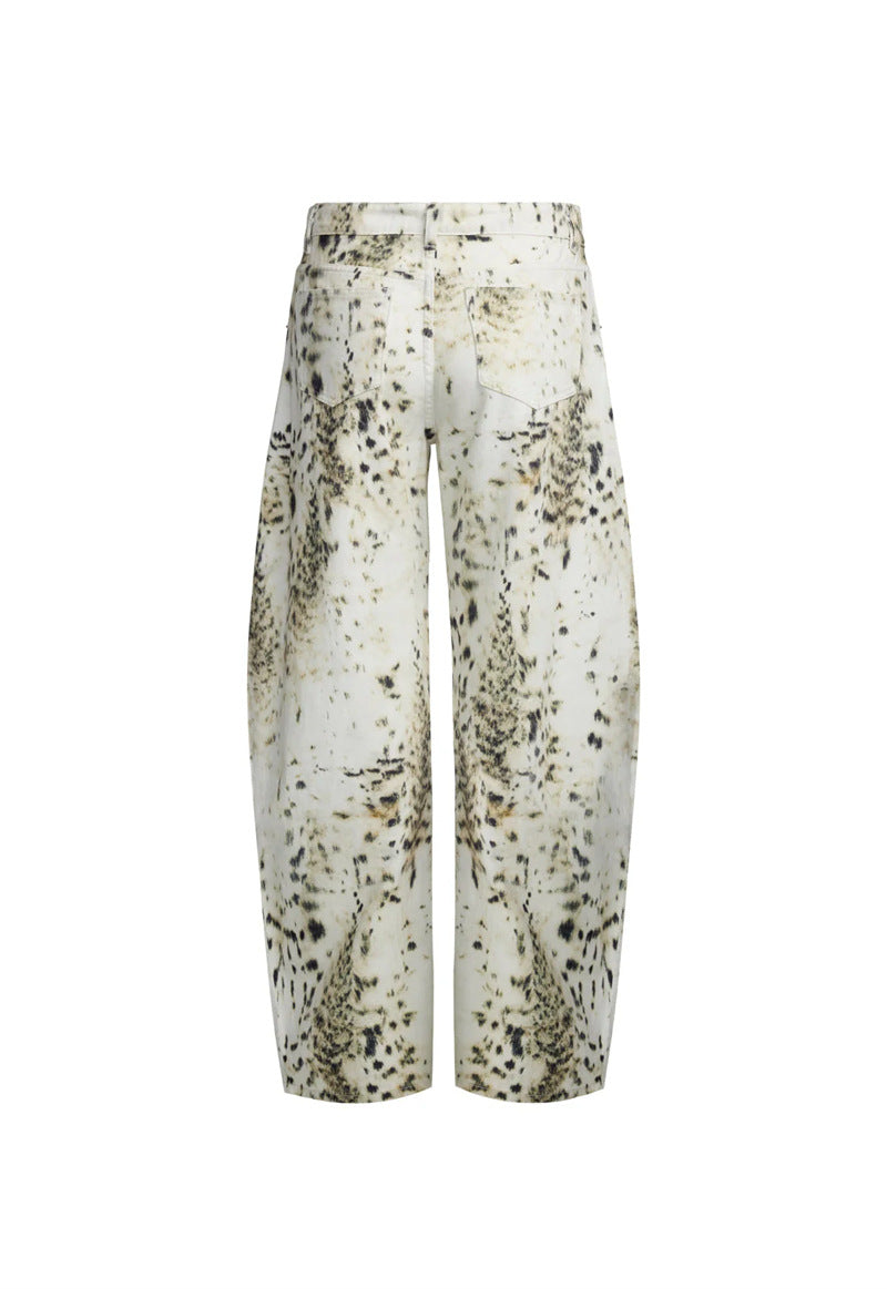 Leopard Print Wide-Leg Jeans – Washed Off-White Denim